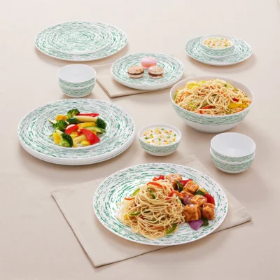 Larah by Borosil, Opalware, Microwave Safe, Green Nova Dinner Set (Serves 4,6,8)