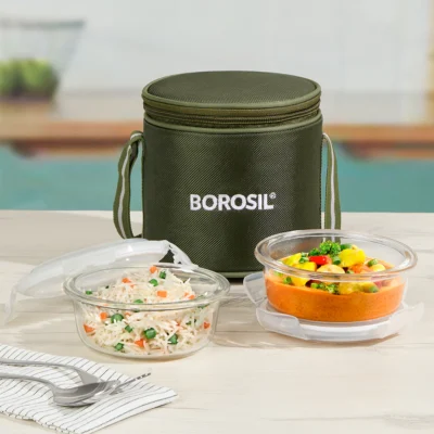 Borosil Eateasy Glass Lunchbox, Round x 2 (Tall) (Microwave Safe Containers)