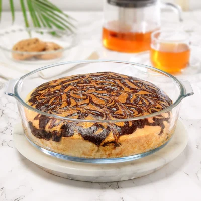 Borosil Round Cake Dish w Handle (Oven, Micro, Fridge Safe)