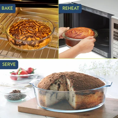 Borosil Round Cake Dish w Handle (Oven, Micro, Fridge Safe) - Image 3