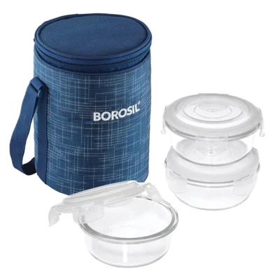 Borosil Indigo Glass Lunch Box, 3 Round (Microwave Safe Containers)