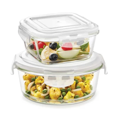 Borosil Klip n Store Square + Round Set of 2 Glass Container ( Freezer, Oven, Micro safe)