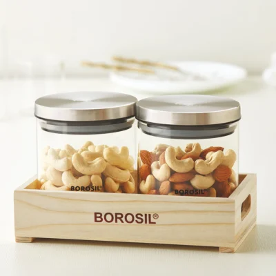Borosil 2 Classic Jars w Wooden Tray (Oven, Micro, Fridge Safe)