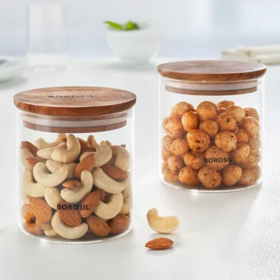 Borosil Classic Jar with Wooden Lid, Set of 2 (Oven, Micro, Fridge Safe)