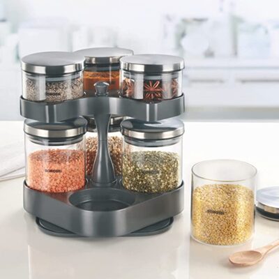 Borosil Spin n Store Tray w 7 Classic Jars (Oven, Micro, Fridge Safe)