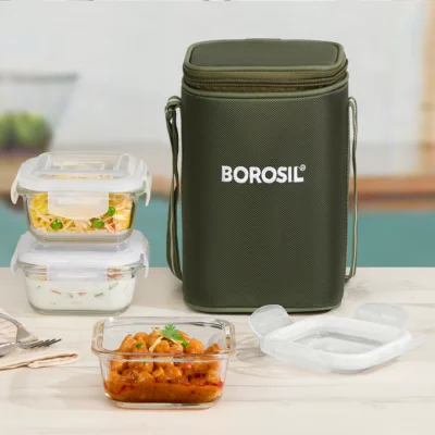 Borosil Eateasy Glass Lunchbox, Square x 3 (Microwave Safe Containers)