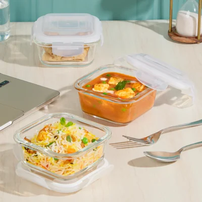 Borosil Eateasy Glass Lunchbox, Square x 3 (Microwave Safe Containers) - Image 3