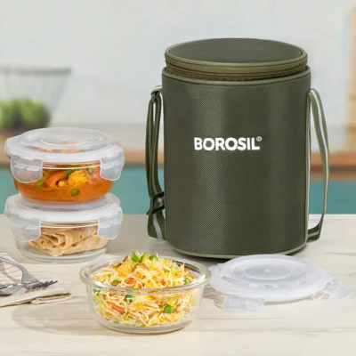 Borosil Eateasy Glass Lunchbox, Round x 3 (Microwave Safe Containers) - Image 2