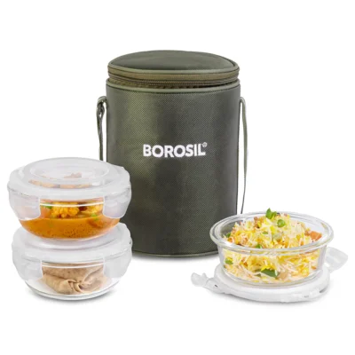 Borosil Eateasy Glass Lunchbox, Round x 3 (Microwave Safe Containers)