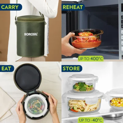 Borosil Eateasy Glass Lunchbox, Round x 3 (Microwave Safe Containers) - Image 6