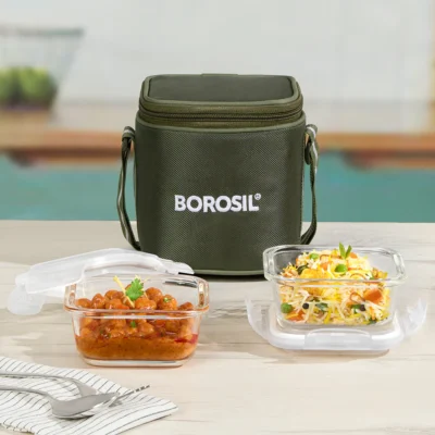 Borosil Eateasy Glass Lunchbox, Square x 2 (Tall) (Microwave Safe Containers) - Image 3
