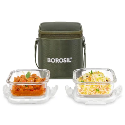Borosil Eateasy Glass Lunchbox, Square x 2 (Tall) (Microwave Safe Containers)