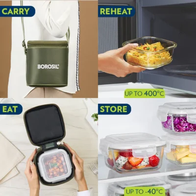 Borosil Eateasy Glass Lunchbox, Square x 2 (Tall) (Microwave Safe Containers) - Image 2