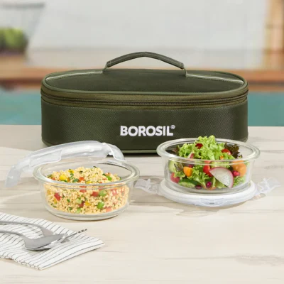 Borosil Eateasy Glass Lunchbox, Round x 2 (Flat) Microwave Safe Containers - Image 4