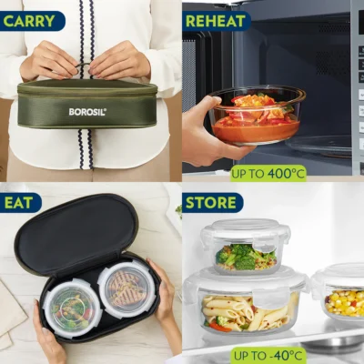 Borosil Eateasy Glass Lunchbox, Round x 2 (Flat) Microwave Safe Containers - Image 2