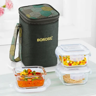 Borosil Foodluck Olive Glass Lunchbox, Square x 3 (Microwave Safe Containers)