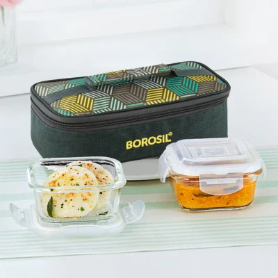Borosil Foodluck Olive Glass Lunchbox, Square x 2 (Flat) (Microwave Safe Containers)
