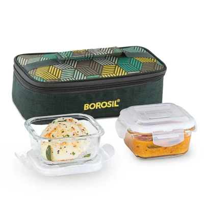 Borosil Foodluck Olive Glass Lunchbox, Square x 2 (Flat) (Microwave Safe Containers) - Image 4