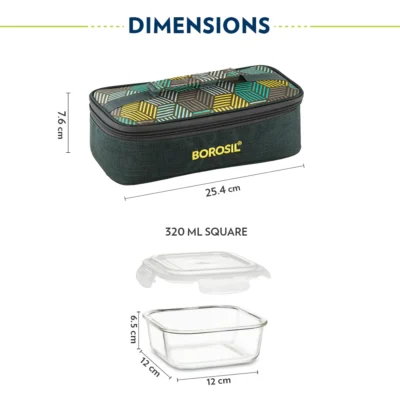 Borosil Foodluck Olive Glass Lunchbox, Square x 2 (Flat) (Microwave Safe Containers) - Image 3