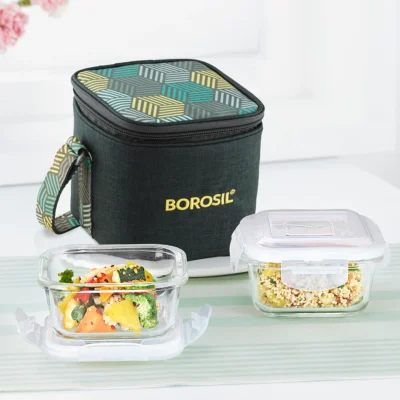 Borosil Foodluck Olive Glass Lunchbox, Square x 2 (Tall) Microwave Safe Containers - Image 5