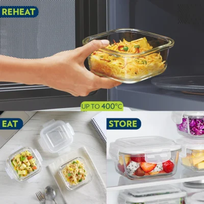 Borosil Foodluck Olive Glass Lunchbox, Square x 2 (Tall) Microwave Safe Containers - Image 2