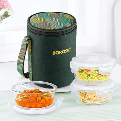 Borosil Foodluck Olive Glass Lunchbox, Round x 3 (Microwave Safe Containers)