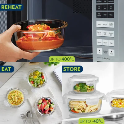 Borosil Foodluck Olive Glass Lunchbox, Round x 3 (Microwave Safe Containers) - Image 5