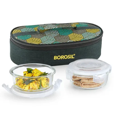 Borosil Foodluck Olive Glass Lunchbox, Round x 2 (Flat) Microwave Safe Containers