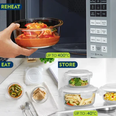 Borosil Foodluck Olive Glass Lunchbox, Round x 2 (Flat) Microwave Safe Containers - Image 2
