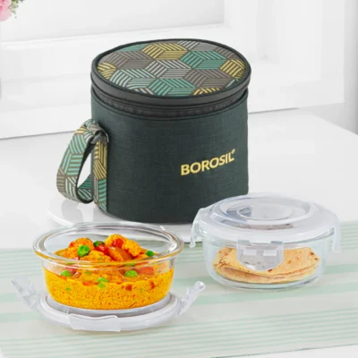 Borosil Foodluck Olive Glass Lunchbox, Round x 2 (Tall) Microwave Safe Containers