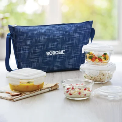 Borosil Indigo Daisy Lunchbox (Microwave Safe Containers)