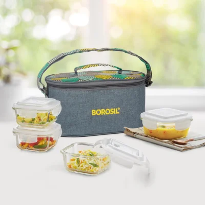 Foodluck Olive Glass Lunch Box, Square x 4 (Microwave Safe Containers)