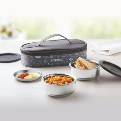 Borosil Carryfresh Lunchbox, Set of 2, Flat (Medium) SS body, PUF insulated
