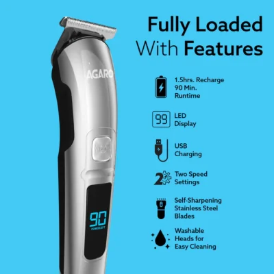 Cosmo Beard Trimmer For Men, Hair Trimming, High Precision Trimmer, Cordless, 4 Length Setting combs, Self Sharpening Stainless Steel Blades, 2 Speed, Rechargeable, Digital Display, Silver - Image 6