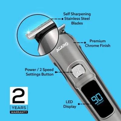 Cosmo Beard Trimmer For Men, Hair Trimming, High Precision Trimmer, Cordless, 4 Length Setting combs, Self Sharpening Stainless Steel Blades, 2 Speed, Rechargeable, Digital Display, Silver - Image 5