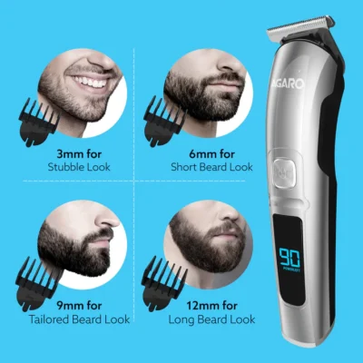 Cosmo Beard Trimmer For Men, Hair Trimming, High Precision Trimmer, Cordless, 4 Length Setting combs, Self Sharpening Stainless Steel Blades, 2 Speed, Rechargeable, Digital Display, Silver - Image 4