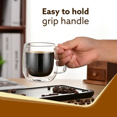 Elite Double Wall Glass Cups, 260 Ml, Insulated Tea & Coffee Cups, Hot & Cold Drinks, Coffee, Tea, Milk, Cappuccino, Juice, Microwave Safe, Stylish Espresso Chocolate Beverage, Pack of 2 - Image 3