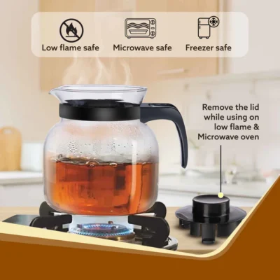 Elite Glass Carafe With Strainer Lid, 1200ml, Glass Kettle, Borosilicate Glass, Microwave Safe, Low Flame Proof, Transparent - Image 3
