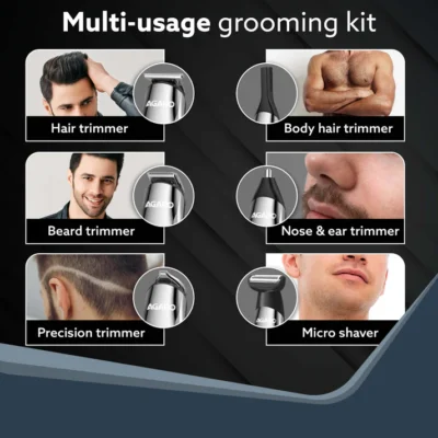 Royal Multi Grooming Kit For Men, 9in1, Shave| Trim | Style, Face Head Body Trimmer, Self Sharpening Stainless Steel Blade, 5 Combs, Metal Body, Type C Fast Charging, 120 Min Usage, IPX7, Silver - Image 6