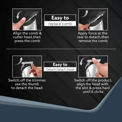 Royal Multi Grooming Kit For Men, 9in1, Shave| Trim | Style, Face Head Body Trimmer, Self Sharpening Stainless Steel Blade, 5 Combs, Metal Body, Type C Fast Charging, 120 Min Usage, IPX7, Silver - Image 2